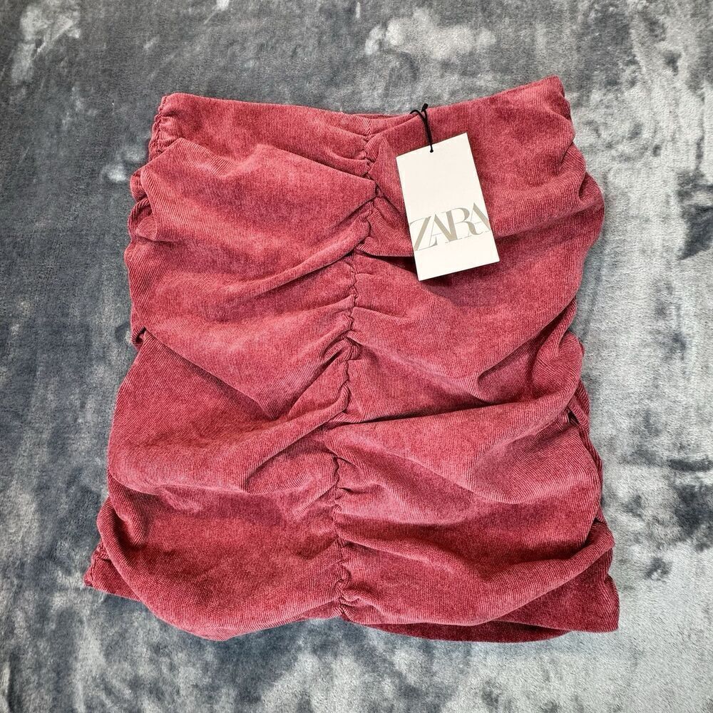 Zara Sz S Mini Skirt Ruched Corduroy Medium Burgundy Red Draped Ruffle Career - Picture 2 of 9